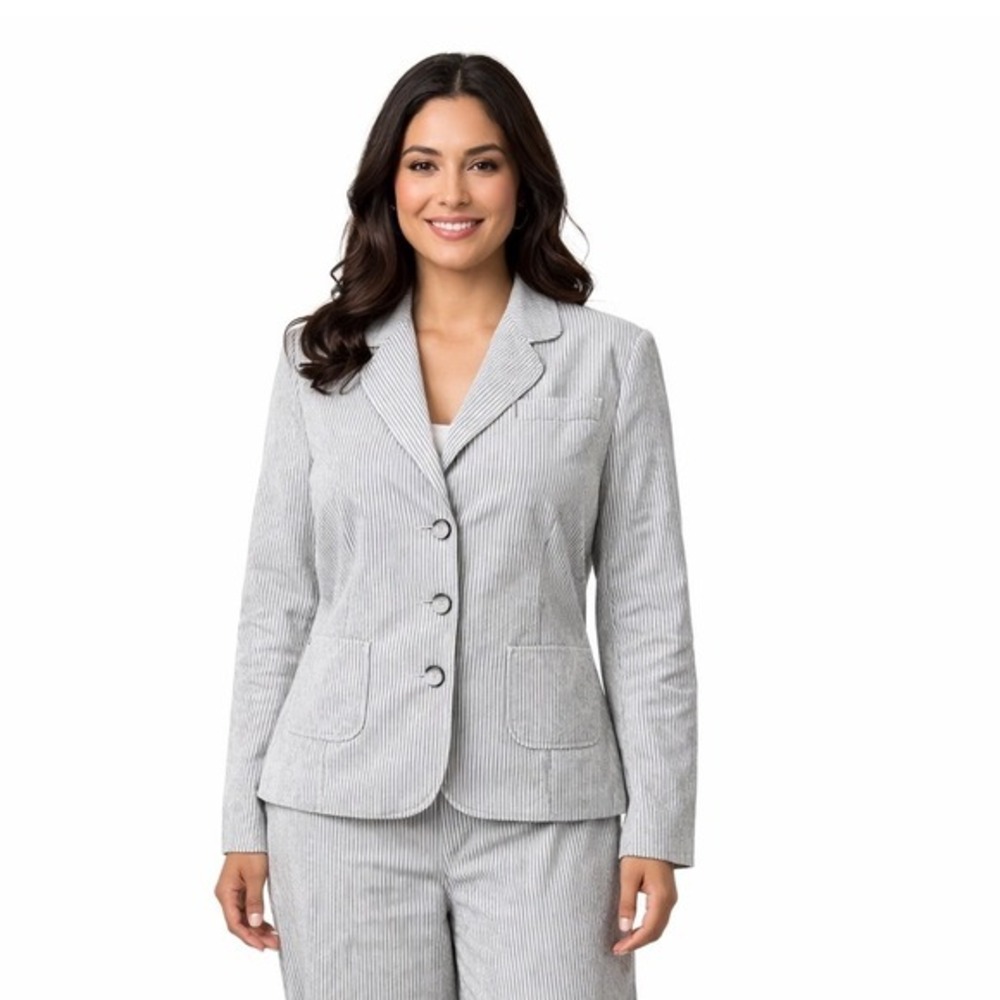 Ann Taylor Loft Seersucker Blazer Navy White Striped Cotton Jacket 10 Chic 86-36